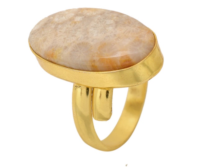Size 10.5 - Size 12 Fossilized Bali Coral Ring Meditation Ring 24K Gold Ring GPR1599