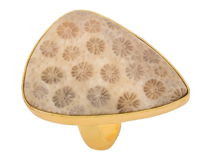 Size 8.5 - Size 10 Fossilized Bali Coral Ring Meditation Ring 24K Gold Ring GPR1343