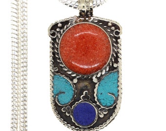 Turquoise Coral Tibetan Silver Pendant & FREE 3MM Italian 925 Sterling Silver Chain N43