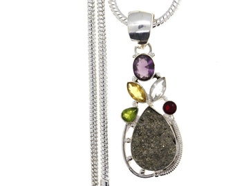 Amethyst Citrine Garnet Peridot Drusy 925 Sterling Silver Pendant & 3MM Italian 925 Sterling Silver Chain P4779