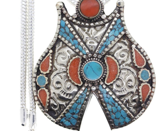 Shield Shaped Coral Tibetan Silver Pendant & FREE 3MM Italian 925 Sterling Silver Chain N11