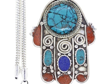Lapis Coral Turquoise Hamsa Tibetan Silver Nepal Gemstone Energy Healing Necklace • Crystal Healing Necklace • Minimalist Necklace  N2