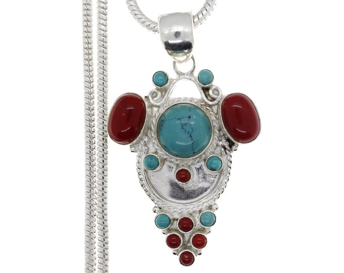 Turquoise and Coral Sterling Silver Pendant & FREE 3MM Italian 925 Sterling Silver Chain P4458