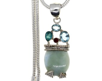 Larimar Blue Topaz Garnet 925 Sterling Silver Pendant & 3MM Italian 925 Sterling Silver Chain P4813