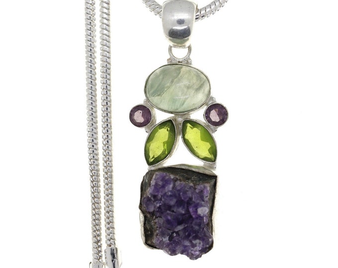 Amethyst Cluster Prehnite Peridot 925 Sterling Silver Pendant & 3MM Italian 925 Sterling Silver Chain    p4575