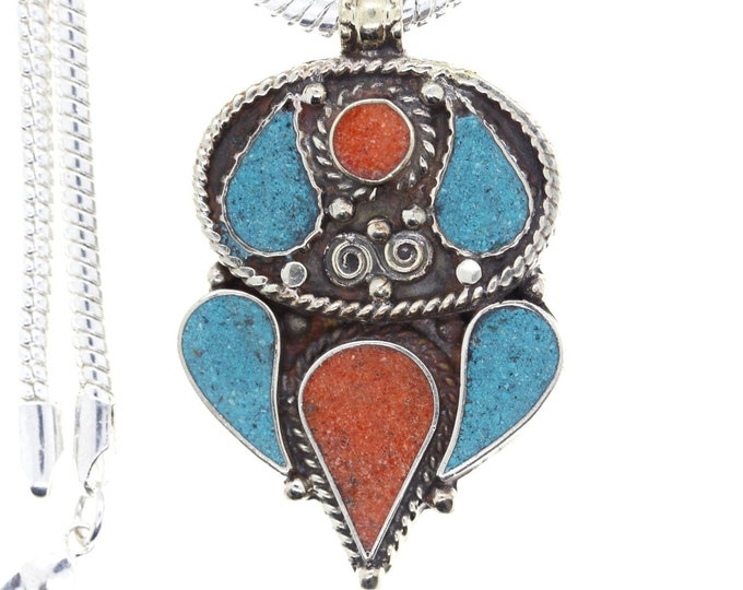 Turquoise Coral Tibetan Silver Pendant & FREE 3MM Italian 925 Sterling Silver Chain N27