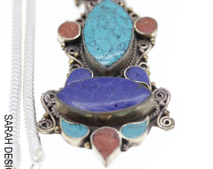 Lapis Turquoise Tibetan Silver Pendant & FREE 3MM Italian 925 Sterling Silver Chain N10