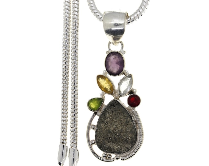 Amethyst Citrine Garnet Peridot Drusy 925 Sterling Silver Pendant & 3MM Italian 925 Sterling Sterling Silver Chain P4789