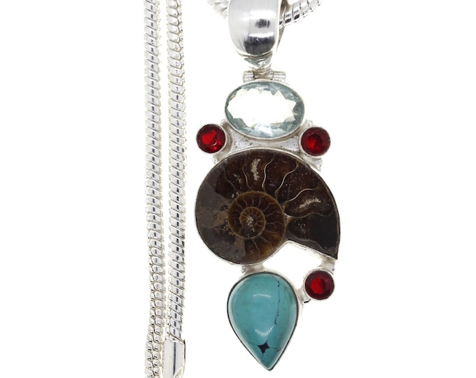 Ammonite FOSSIL Garnet Turquoise Sterling Silver Pendant & FREE 3MM Italian 925 Sterling Silver Chain P4571