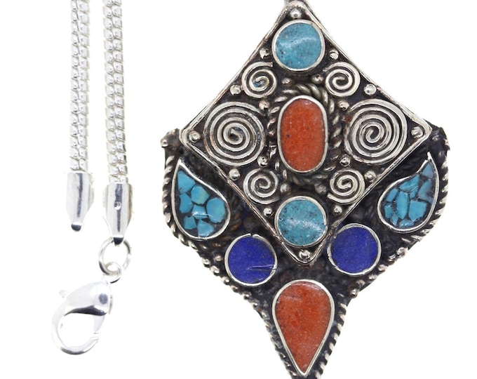 Turquoise Coral Tibetan Silver Pendant & FREE 3MM Italian 925 Sterling Silver Chain N14