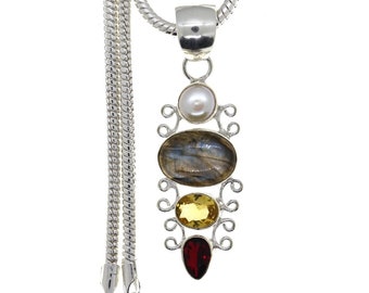 Blue Fire Labrdorite Citrine Garnet Pearl Pendant & 3MM Italian 925 Sterling Sterling Silver Chain P4804