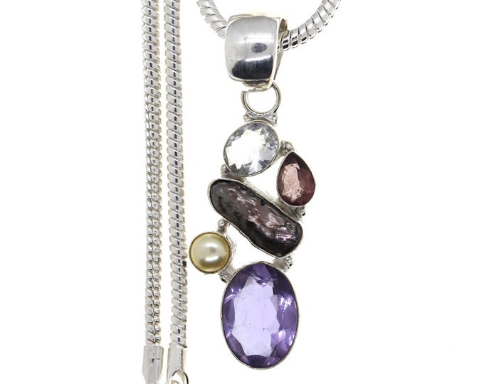 Pearl Amethyst Garnet Clear Topaz 925 Sterling Silver Pendant & 3MM Italian 925 Sterling Silver Chain P4778