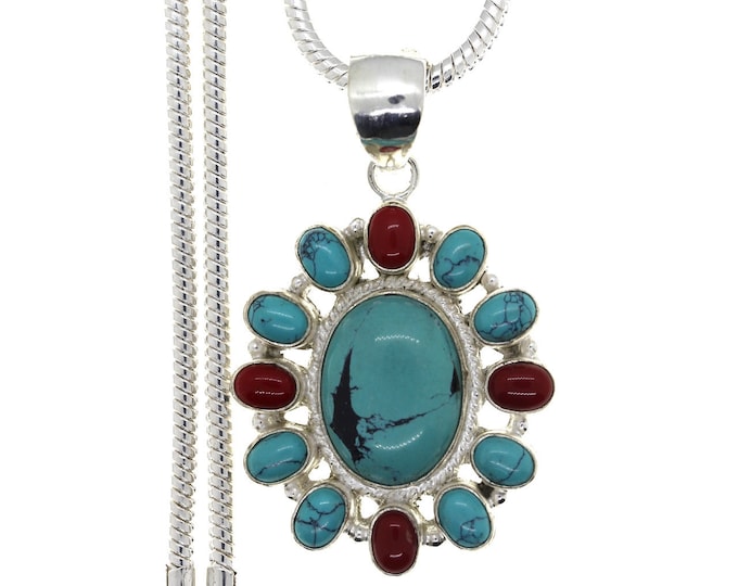 Oval Turquoise and Coral Sterling Silver Pendant & FREE 3MM Italian 925 Sterling Silver Chain P4450
