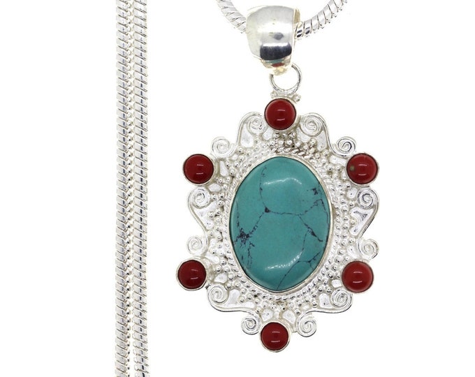 Antique Tibetan Turquoise and Coral Sterling Silver Pendant & FREE 3MM Italian 925 Sterling Silver Chain P4447