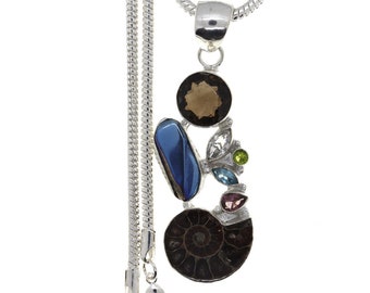 Ammonite fossil Smoky Topaz Pearl Citrine Amethyst Pendant & FREE 3MM Italian 925 Sterling Silver Chain