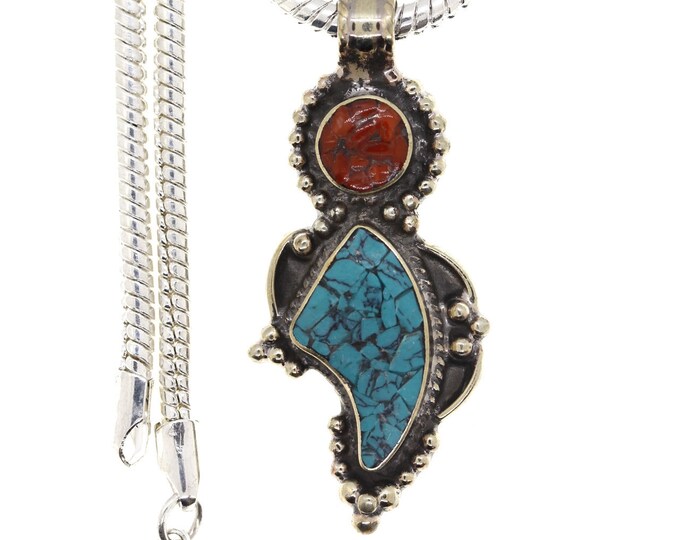 Coral Turquoise Tibetan Silver Pendant & FREE 3MM Italian 925 Sterling Silver Chain N5