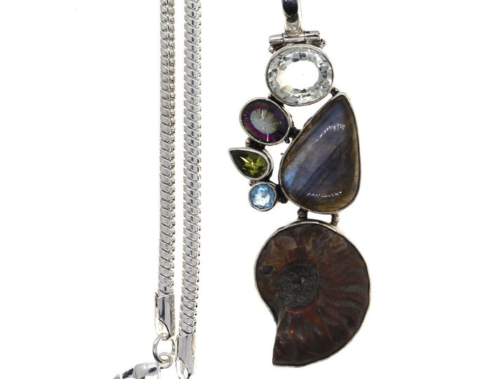 Blue Fire Labradorite Ammonite Fossil 925 Sterling Silver Pendant & FREE 3MM Italian 925 Sterling Silver Chain P963