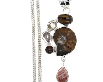 AMMONITE RHODOCHROSITE 925 Sterling Silver Pendant & FREE 3MM Italian 925 Sterling Silver Chain P1768