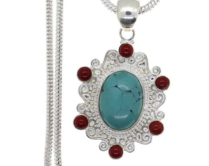 Vintage Filigree Turquoise Coral Sterling Silver Pendant & FREE 3MM Italian 925 Sterling Silver Chain P4469