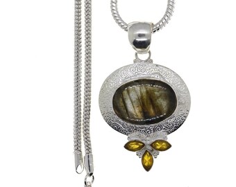 Labradorite Citrine 925 Sterling Silver Pendant & 3MM Italian 925 Sterling Silver Chain P4842