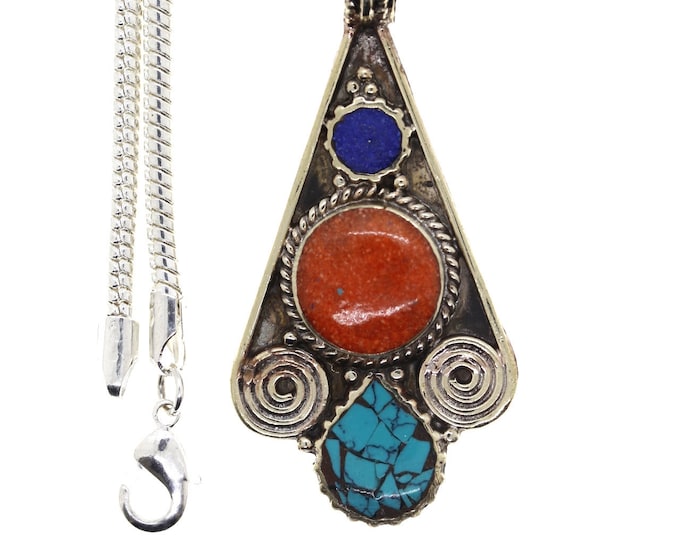 Turquoise Coral Tibetan Silver Pendant & FREE 3MM Italian 925 Sterling Silver Chain N45