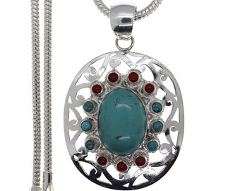 Turquoise and Coral 925 Sterling Silver Pendant & 3MM Italian 925 Sterling Silver Chain P4464