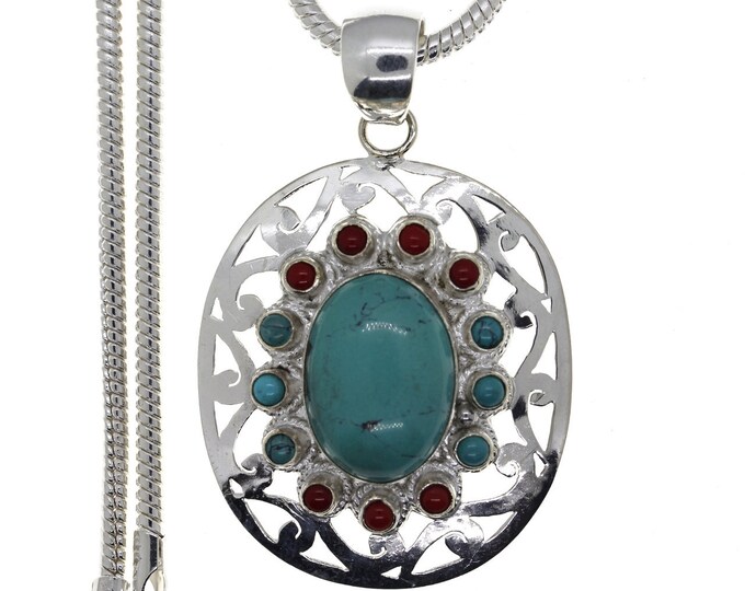 Turquoise and Coral 925 Sterling Silver Pendant & 3MM Italian 925 Sterling Silver Chain P4464