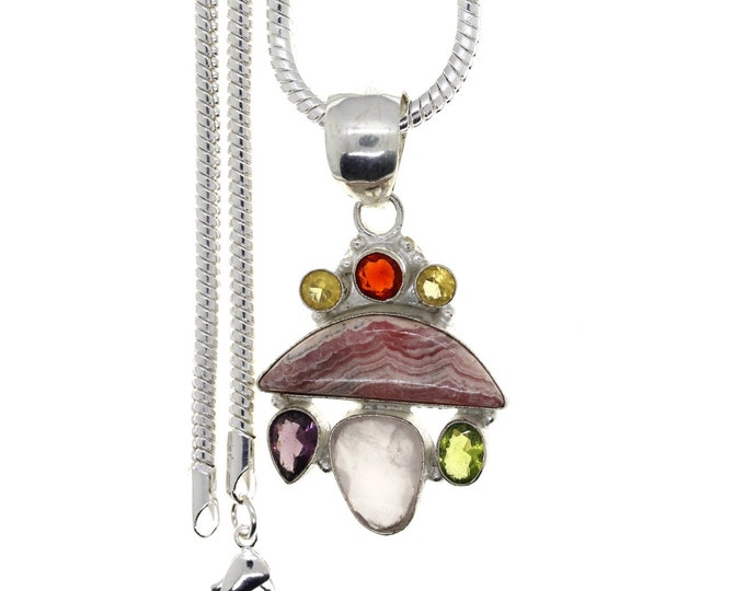 RHODOCHROSITE Amethyst Moonstone Citrine 925 Sterling Silver Pendant & 3MM Italian 925 Sterling Sterling Silver Chain P4794