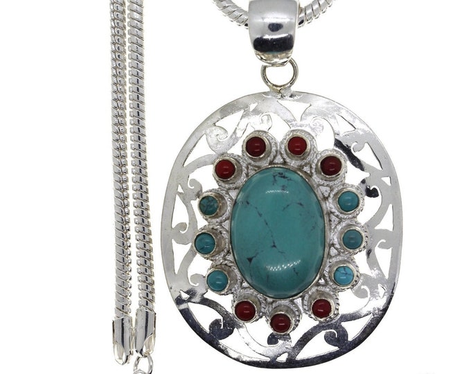 Woven Turquoise and Coral Sterling Silver Pendant & FREE 3MM Italian 925 Sterling Silver Chain P4454