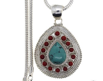Tibetan Turquoise Coral Sterling Silver Pendant & FREE 3MM Italian 925 Sterling Silver Chain P4473