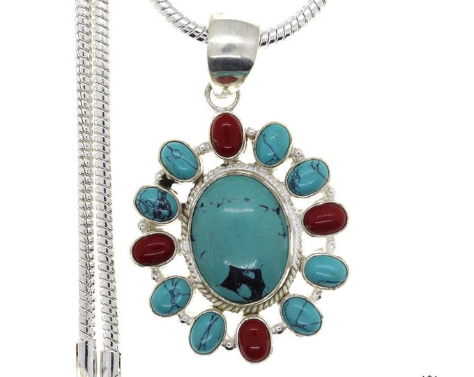Tibetan Turquoise and Coral Sterling Silver Pendant & FREE 3MM Italian 925 Sterling Silver Chain P4455