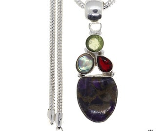 Charoite Pyrite Pearl Garnet Lemon Topaz 925 Sterling Silver Pendant & 3MM Italian 925 Sterling Silver Chain P4798