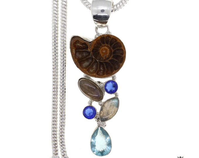 Ammonite FOSSIL Labradorite Blue Topaz Pendant & FREE 3MM Italian 925 Sterling Silver Chain p4693