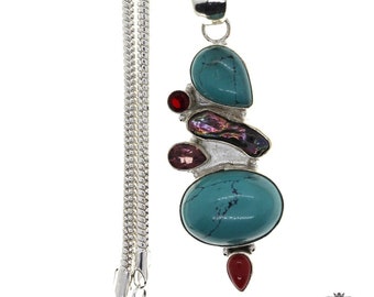 Tibetan Turquoise Pearl Amethyst Garnet Coral 925 Sterling Silver Pendant & Chain p4490