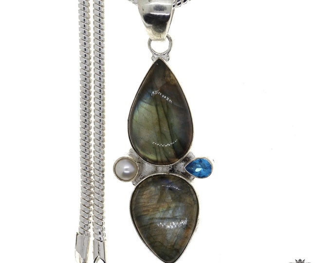 Labradorite Blue Topaz Pearl 925 Sterling Silver Pendant & 3MM Italian 925 Sterling Silver Chain   P4580