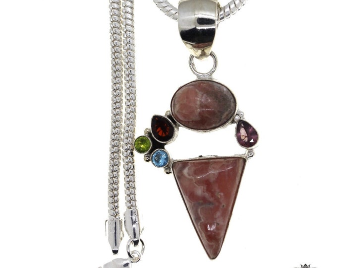 Rich Color RHODOCHROSITE Garnet Blue Topaz Peridot Pendant & 3MM Italian 925 Sterling Sterling Silver Chain P4721