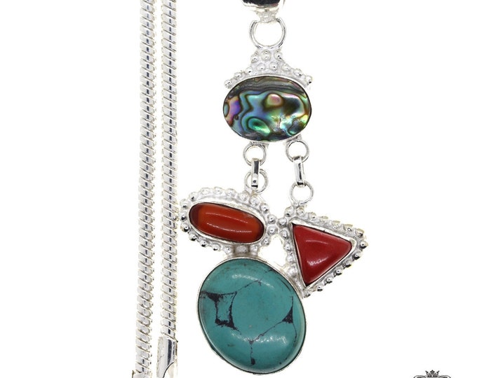 Turquoise Coral Abalone Sterling Silver Pendant & FREE 3MM Italian 925 Sterling Silver Chain P4468