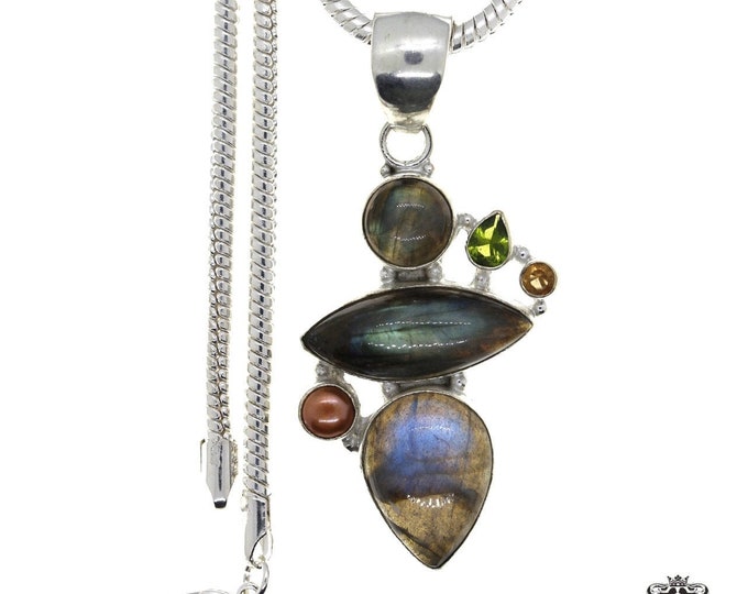 Blue Shine Labradorite Peridot and Pearl 925 Sterling Silver Pendant & 3MM Italian 925 Sterling Silver Chain P4838