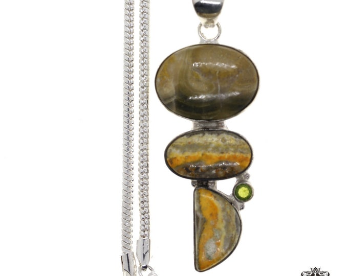 Bumblebee Jasper Peridot 925 Sterling Silver Pendant & 3MM Italian 925 Sterling Silver Chain p4633