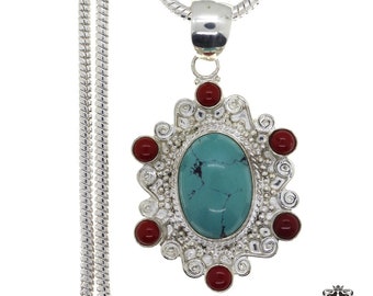Tibetan Turquoise Coral Sterling Silver Pendant & FREE 3MM Chain P4478