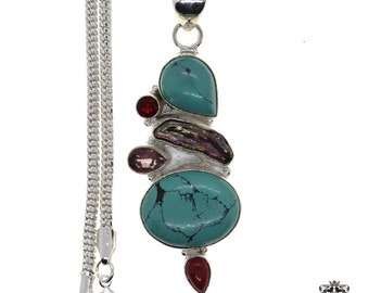 Tibetan Turquoise Pearl Amethyst Garnet Coral 925 Sterling Silver Pendant & Chain P4485