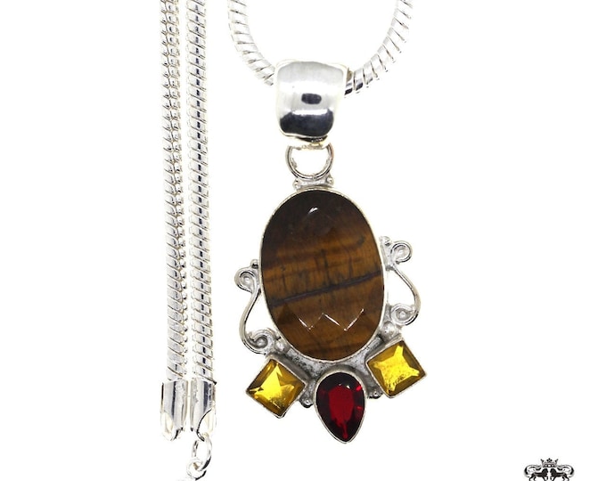 Tiger Eye Citrine Garnet Vintage Filigree Antique 925 Sterling Silver Pendant & 3MM Italian 925 Sterling Silver  Chain P4857