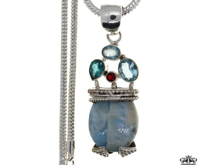 Unique Larimar Blue Topaz Garnet 925 Sterling Silver Pendant & 3MM Italian 925 Sterling Silver Chain    P4800