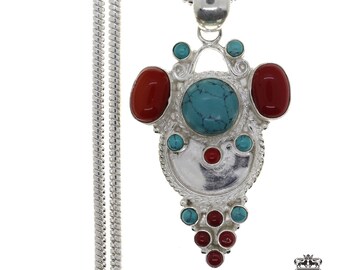 Big Smile! Turquoise and Coral Sterling Silver Pendant & FREE 3MM Italian 925 Sterling Silver Chain P4482