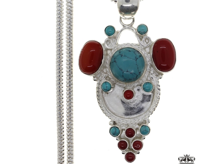 Big Smile! Turquoise and Coral Sterling Silver Pendant & FREE 3MM Italian 925 Sterling Silver Chain P4482