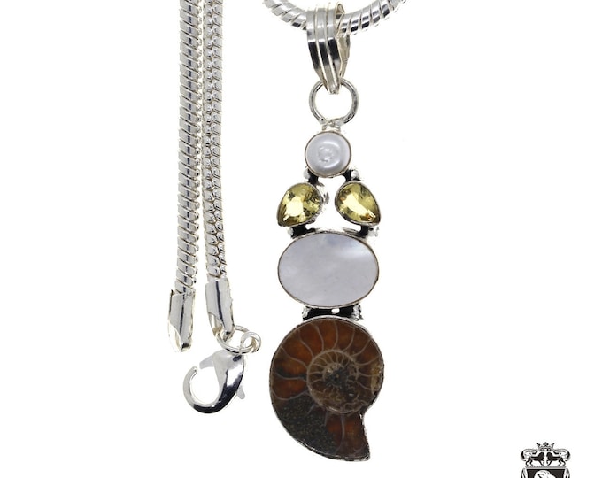 Ammonite Fossil Shell Citrine Pendant & FREE 3MM Italian 925 Sterling Silver Chain P4803