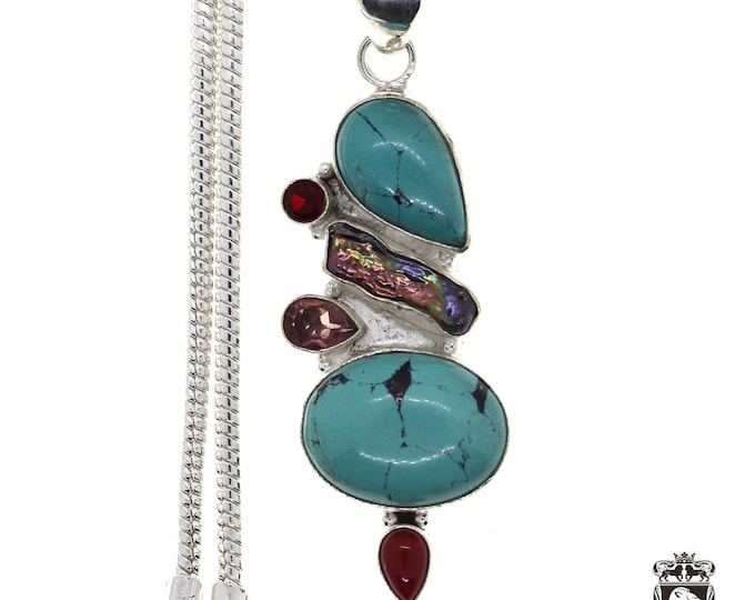 Turquoise Pearl Amethyst Garnet and Coral 925 Sterling Silver Pendant & 3MM Italian 925 Sterling Silver Chain P4461