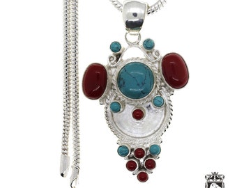 Turquoise Coral Sterling Silver Pendant & FREE 3MM Italian 925 Sterling Silver Chain p4480