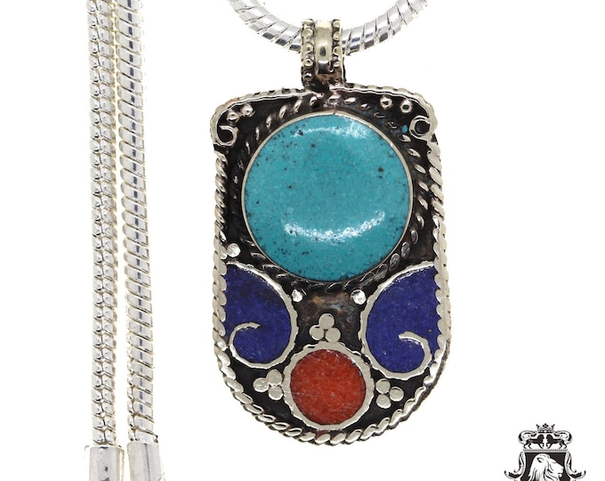 Turquoise Coral Tibetan Silver Pendant & FREE 3MM Italian 925 Sterling Silver Chain N42