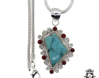 Turquoise Coral Sterling Silver Pendant & FREE 3MM Italian 925 Sterling Silver Chain P4472